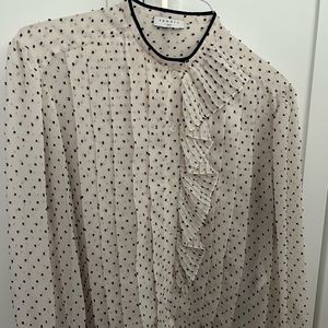 Sandro Paris Ruffle pleated button Long Sleeve sheer contrast dot trim size 3